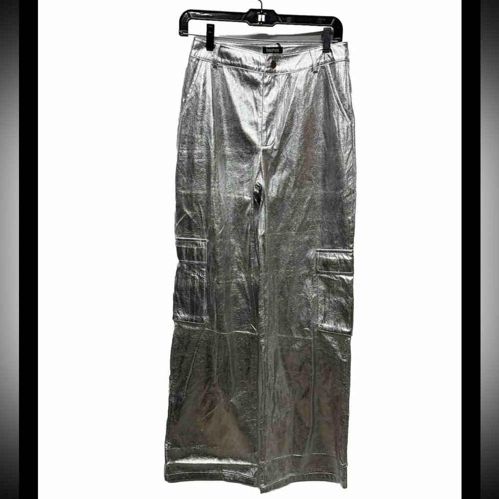 Boohoo Silver Faux Leather Cargo Wide Leg Pants